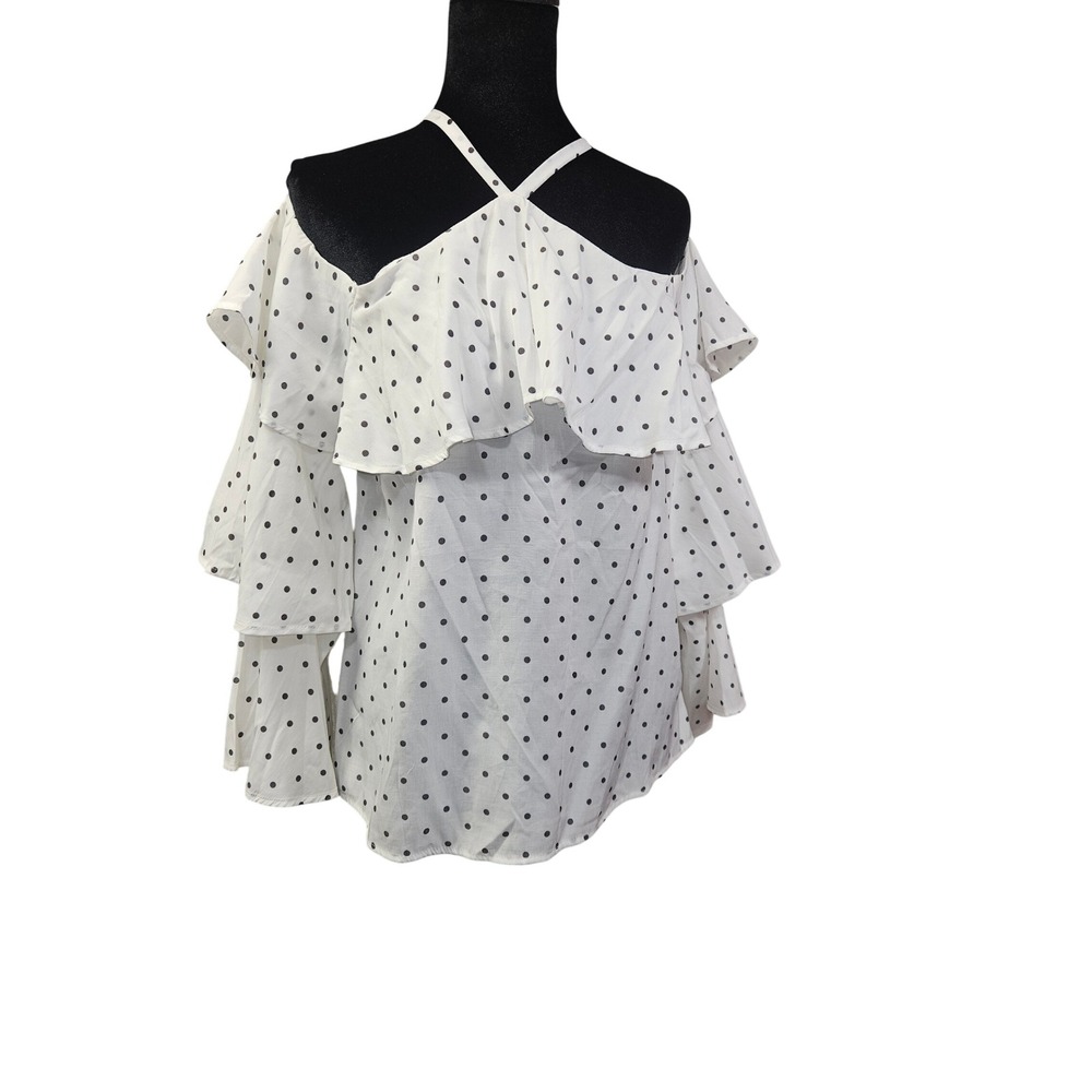 Express Women White Black Polka Dot Cold Shoulder Ruffle Tiered Sleeve Top S NWT
